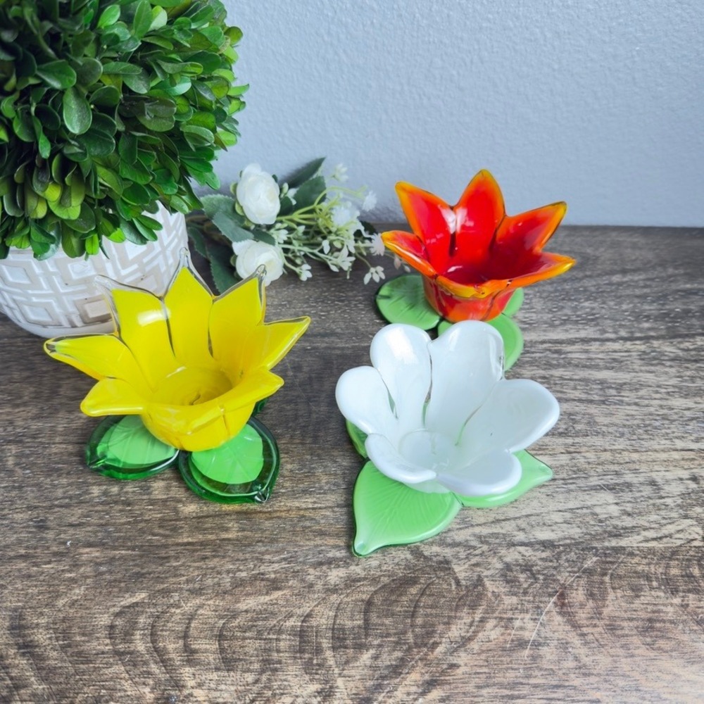 Vintage Art Glass Flower Votive Candle Holders Set 3 Murano Style Floral Multi